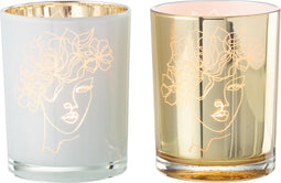J-Line windlicht Dame Haar bloemen - glas - wit/goud - medium - 2 stuks