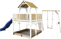 AXI Atka Speeltoestel in Bruin/wit - Speeltoren met Enkele Schommel, Blauwe Glijbaan en Zandbak - FSC hout - Speelhuis op palen voor de tuin