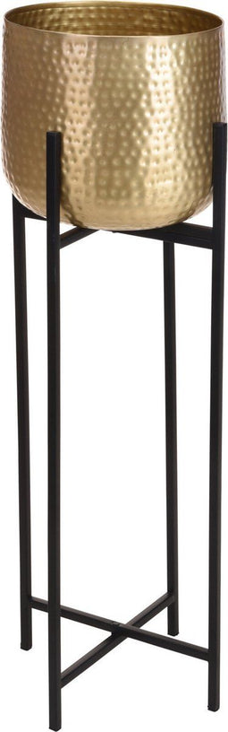 Luxe plantenpot/bloempot goud van 30 x 30 cm op een zwarte metalen standaard met een hoogte van 87 cm