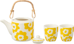 J-Line theepot Bloemen - keramiek - geel - doos van 3 stuks