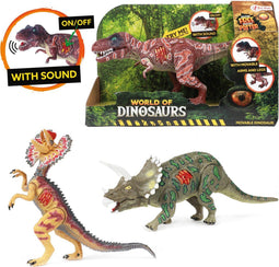 World of Dinosaurs Dilophosaurus | T-Rex | Triceratops | Beweegbare dino met Geluid (1 stuks) willekeurig geleverd