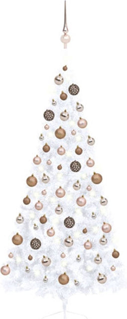vidaXL - Kunstkerstboom - met - verlichting - en - kerstballen - half - 210 - cm - wit