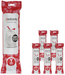 Brabantia PerfectFit Vuilniszakken - 20 l - Code Y - Scheurvast met trekbandsluiting - Wit (6 rollen x 20 stuks)