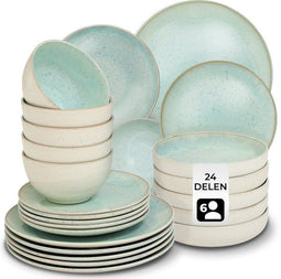 Tectake® Serviesset Mare - 24-delig - Aardewerk met Glanzend Glazuur - 6 Persoons - Handgemaakt