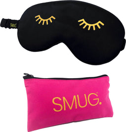 SMUG Slaapmasker met Opbergzakje - 100% Verduisterend - Verstelbaar Oogmasker in Satijn - Wink Print, Zwart