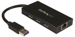 Startech.com ST3300GU3B - 3-poorts USB 3.0-hub met Gigabit Ethernet - aluminium met geïntegreerde kabel