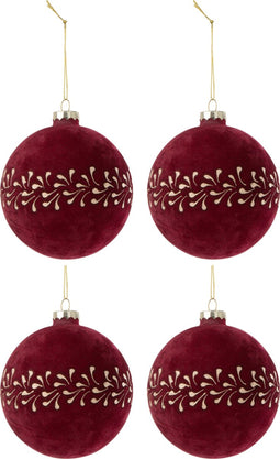 J-Line kerstbal Motief - fluweel - bordeaux/goud - doos van 4