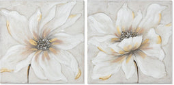Schilderij Home ESPRIT Wit Beige Canvas Hout MDF Bloem Romantiek 50 x 2,5 x 50 cm (2 Stuks)