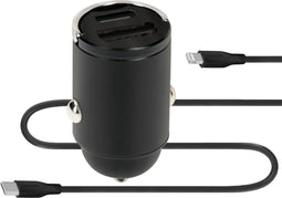 Mobiparts Car Charger Dual USB-C/USB-A with Lightning Kabel - Zwart