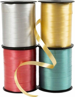 Cadeaulint, rood, zilver, goud, groen, B: 10 mm, glossy, 4x250 m/ 1 doos