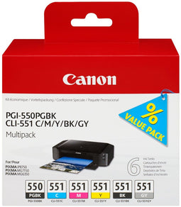 Canon PGI-550PGBK + CLI551 - Inktcartridges - Zwart Cyaan Magenta Geel Grijs (5 stuks)