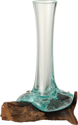 J-Line vaas Lang Op Voet Gamal - hout/glas - naturel - small - 21 cm hoog