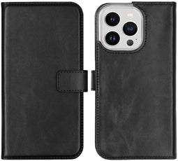 Selencia iPhone 14 Pro - Echt Lederen Bookcase - 3 Pashouders - Zwart