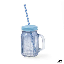 Quid Maison - Pot met Deksel en Rietje - Glas 450 ml - Blauw (12 stuks)