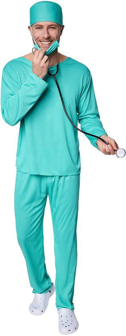 dressforfun - Herenkostuum chirurg M - met mondmasker en hoofddeksel - blauw