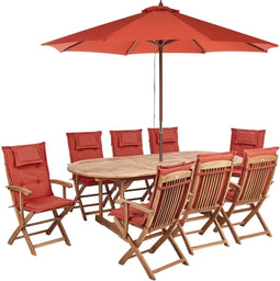 MAUI II - Tuinset voor 8 met parasol - Lichthout/Rood - Acaciahout