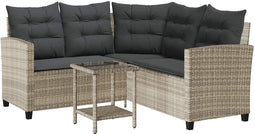 vidaXL - Tuinbank - met - tafel - en - kussens - L-vormig - poly - rattan - lichtgrijs