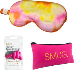 SMUG Slaapmasker met Roze Oordopjes en Opbergzakje - 100% Verduisterend - Verstelbaar Oogmasker in Satijn - Orange Tye Dye