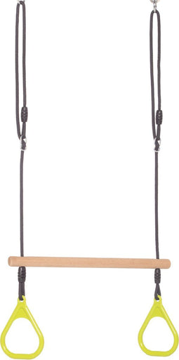 Houten Ringtrapeze met Kunststof Ringen Limegroen - Zwart Gevlochten Touw