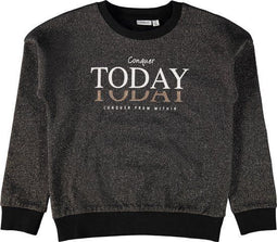 NAME IT NKFRIVIT LS SWEAT UNB - Meisjes Trui - Zwart met TODAY tekst in wit en goud met glitters (maat 134/140)