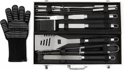 Ozocozy BBQ accessoires - 10-delig - Barbecue gereedschap - Hittebestendige handschoen - Aluminium koffer