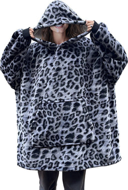 LINNICK Flanel Fleece Hoodie - Fleece Deken met Mouwen - Leopard Zwart/Wit - Deken met Mouwen - Fleece Deken - Hoodie Heren - Hoodie Dames - Hoodies - Hoodie Deken