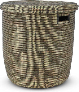 Safaary - Rieten Opbergmand met Deksel Zeegras Naturel-Zwart-Ø 44 x 50cm
