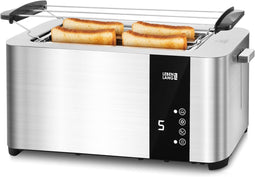 LEBENLANG - Broodrooster met lange sleuf – 4 sneetjes met broodjesopzetstuk - Touchscreen LED-displa