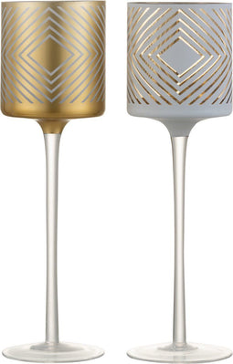 J-Line theelichthouder op voet Ruit - glas - wit/goud - large - 2 stuks