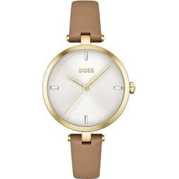 Hugo Boss Beige Leather Watch Met Gouden Stalen Kast
