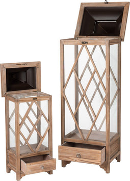 J-Line lantaarn Ruit - sparhout/metaal - lichtbruin/zwart - 2 stuks