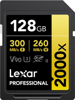 Lexar Professional 2000x SDXC UHS-II Gold - 128GB - Lezen 300MB/s schrijven 260MB/s - V90