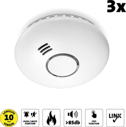 Alecto SA-43 - Koppelbare Rook- en Hittemelder - 10 jaar sensor - Voldoet aan EN14604 - Wit (3 stuks)