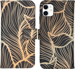 iMoshion Hoesje Geschikt voor iPhone 11 Hoesje Met Pasjeshouder - iMoshion Design Softcase Bookcase - Goud / Zwart / Golden Leaves