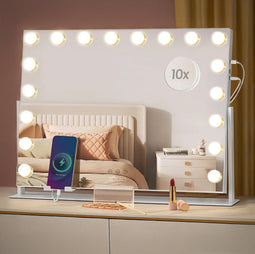Hollywood Spiegel - 58x43CM - 360° Rotatie - 15x Led Lampen - 10x Vergroting - USB + USB-C Oplaadpoort
