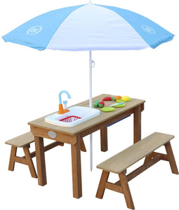 AXI Dennis Zand & Water Picknicktafel met Speelkeuken, Wastafel en losse bankjes in Bruin - Met Parasol in Blauw/Wit - Incl. 17-delige accessoire-set