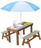 AXI Dennis Zand & Water Picknicktafel met Speelkeuken, Wastafel en losse bankjes in Bruin - Met Parasol in Blauw/Wit - Incl. 17-delige accessoire-set