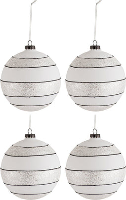 J-Line kerstbal Strepen/Glitter - glas - zwart/wit - large - doos van 4