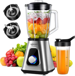 Safecourt Kitchen Blender - 1,5L Glas & 600ml To-Go beker - 1200W Krachtig & Stil - Zilver