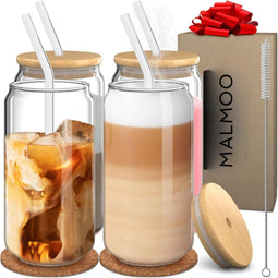 Malmoo Drinkglazen - Set van 4 - 450mL - Inclusief bamboe deksels en herbruikbare rietjes (4 stuks)
