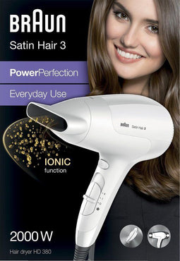 Braun Satin Hair 3 PowerPerfection BRHD380E - Föhn - 2000 watt - 3 temperaturen - 2 snelheden - Licht - Wit