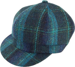 Dames Cap Blauw met Turquoise Ruit - one size - Harris Tweed - Glen Appin of Scotland
