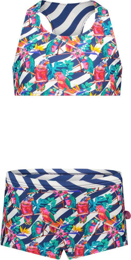 Just Beach Meisjes Bikini - Reversible - Wavy Streep en Tropical Birds - Maat 140