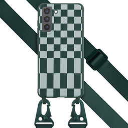 Selencia Hoesje Geschikt voor Samsung Galaxy S21 FE Hoesje Met Koord - Selencia Siliconen design hoesje met afneembaar koord - Groen / Irregular Check Green
