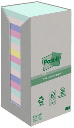 Post-it® Notes, Gerecycleerd, Toren, Regenboog, 76 x 76 mm, 16 Blokken, Non X-Wrapped, 100 Blaadjes/Blok
