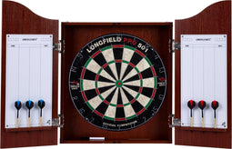 Longfield Darts - Houten kabinet - Dartbord 46 cm - 6 Steeltip pijlen - Kleur Rood/Bruin