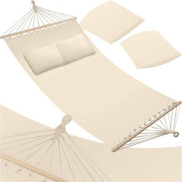 tectake® Dubbele hangmat - 2 personen - 2 kussens - Ligvlak 230x145 cm - Draagvermogen 240 kg - Beige (2 stuks)