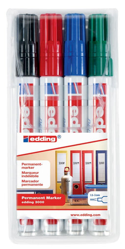 edding 3000 permanent marker - 4 stuks - zwart/blauw/rood/groen - ronde punt 1,5-3 mm - sneldrogende permanent marker - water- en wrijfvast - voor karton, kunststof, hout, metaal - universele marker - Alcoholstift