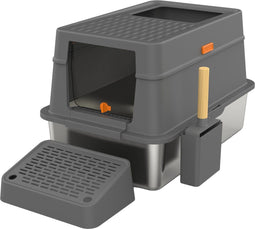 Cellavi RVS Kattenbak - Geschikt voor Grote en Kleine Katten - Incl. Schep en Grit Opvanger - Donker Grijs - 60x40x38 cm