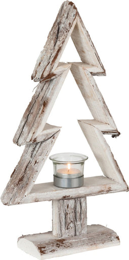 J-Line theelichthouder Kerstboom - hout - bruin/wit - small